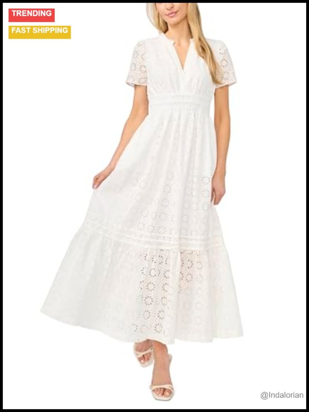 Eyelet Short Sleeve Elastic Waist Maxi Dress Square Neck A-line